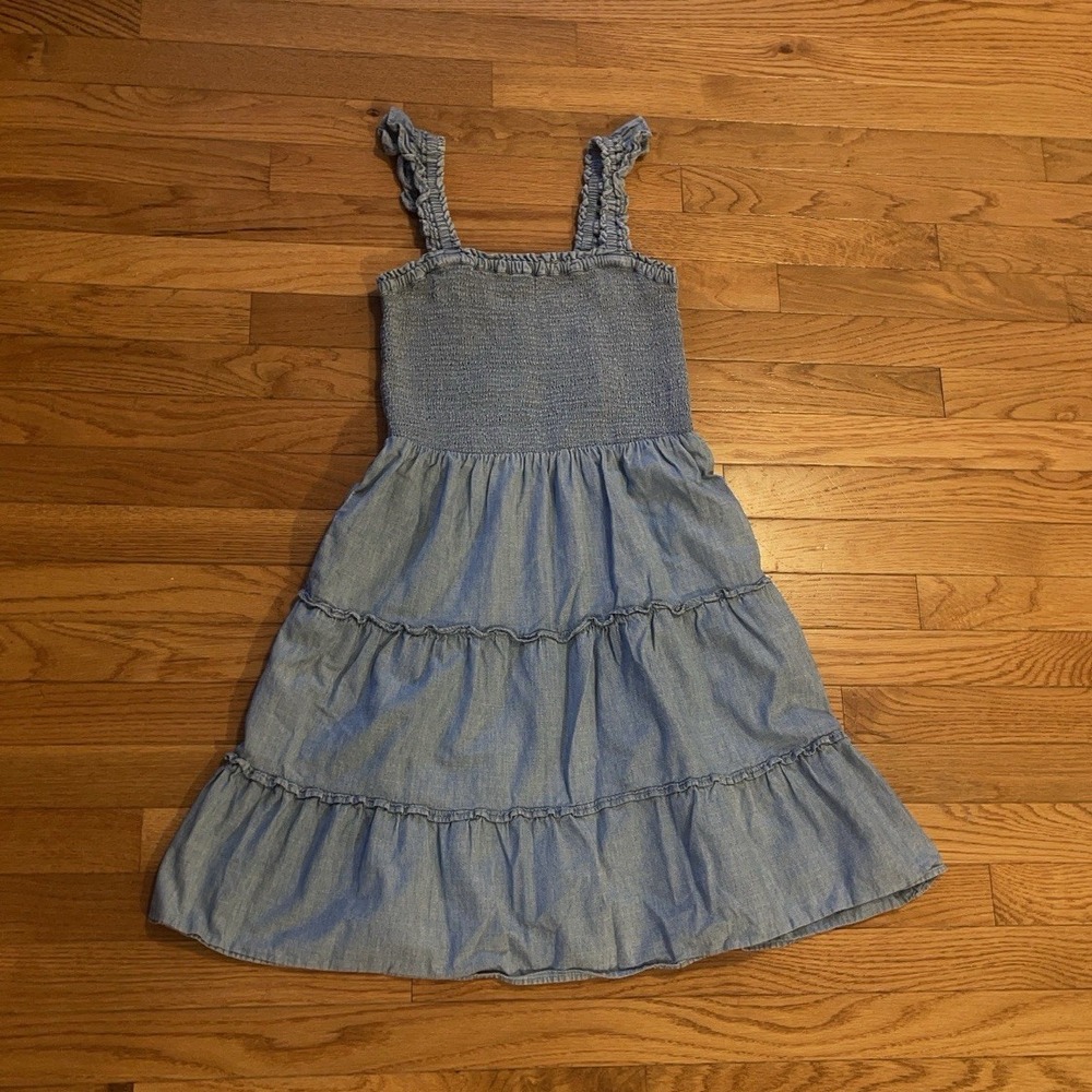 J.CREW Blue Chambray Sundress XXS Square Neck Smocked Tiered Ruffle Midi